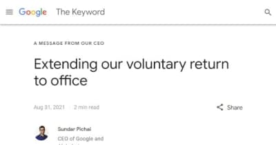 Google、従業員のオフィス復帰を延長