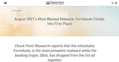 8月マルウェアランキング、情報窃取型マルウェアFormbookが第1位