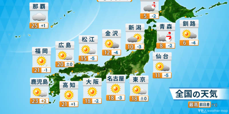 北陸から北日本は雨　雪の降るところも