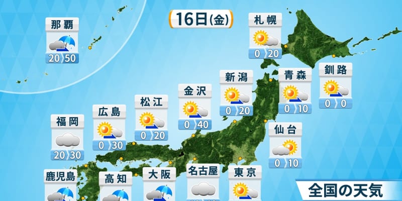 16日の天気　東・西日本の天気は下り坂　気温は日本海側で高く　北陸・山陰は5月並み