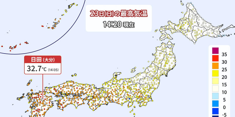 日田（大分）で32.7℃　西日本で真夏日　梅雨の晴れ間は熱中症に注意　今週前半は晴れ間あり