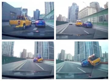 中国上海市を走る高架道路で24日、あおり運転を行った車がガードレールに乗り上げる事故があった。