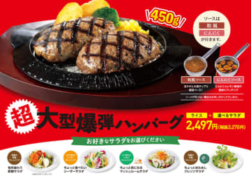 爆弾ハンバーグを思う存分楽しめる450gのあの衝撃が今年も! フライングガーデンが創業祭企画「超大型爆弾ハンバーグ」を期間限定販売～おかわり自由ライス、選べるサラダの特別セット税込2,497円