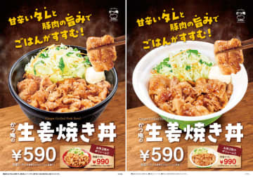 甘辛タレの生姜焼き100gと生野菜の丼が税込590円! ＋税込400円で生姜焼き2倍・ご飯大盛り! ゼンショー系「かつ庵」が「生姜焼き丼」を発売