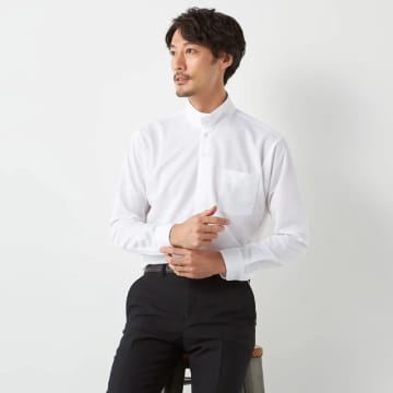 AOKI、襟を立てて首を包めるワイシャツ「ラップネックカラー」