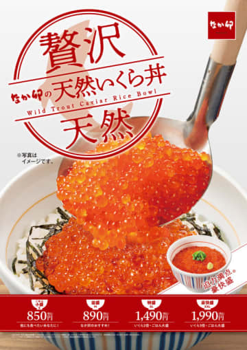ご飯が見えないほどたっぷりのいくらを盛り付けた“豪快盛”も! なか卯が「天然いくら丼」を本日6日(水)発売
