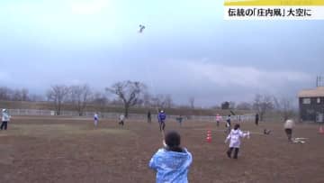         伝統の庄内凧あげに児童が歓声「無事飛んでよかった」　冬の強風にも耐える骨組み      