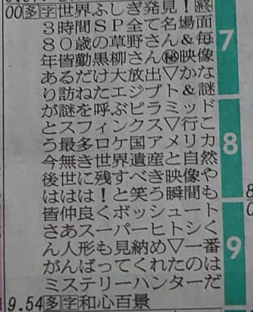 「世界ふしぎ発見！」が本日30日(土)にレギュラー最終回! テレビ欄は縦読みで「38年ありがとう今後は皆さんがミステリーハンターだ」～取材映像4千時間の中から様々なベストワン映像を一挙大放出