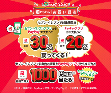 「セブン-イレブン」アプリなら最大30%、「PayPay」アプリなら最大20%のPayPayポイントを還元! 「セブン‐イレブン PayPayお買い得市」が本日15日(水)から開催