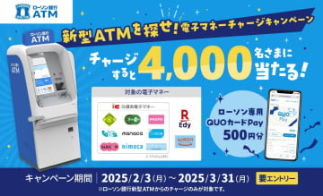 ローソン銀行、新型ATMの電子マネーチャージでQUOカードが当たるキャンペーン