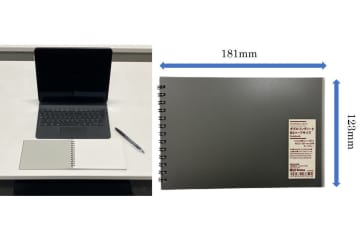 ローソンと無印、パソコン手前にすっぽり収まるノート