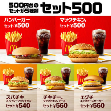 10年ぶりに「ハンバーガー」セットが税込500円で本日12日(水)復活! マクドナルの「ちょいセット」が「セット 500」に進化して、500円台セットが5種類、サイド＆ドリンク付で440通りの組み合わせ