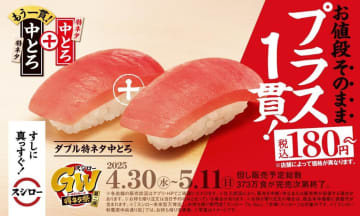 【スシロー】値段そのままで「中とろ」「えび」「煮穴子」が今だけプラス1貫！お得な「GW得ネタ祭」第二弾スタート。