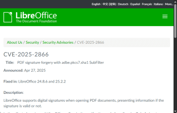 無料のオフィス環境「LibreOffice」に脆弱性 ～最新版で修正済み／PDF文書のデジタル署名検証に問題