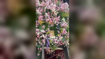 街角で注目集める花いっぱいの建物　中国・昆明市