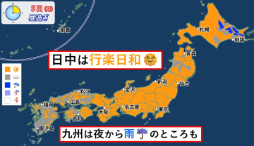 【天気】関東～九州は晴れて行楽日和