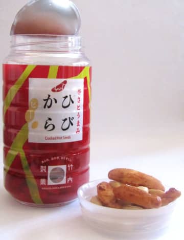 柿の種やあられの米菓を缶飲料容器風の再栓容器で販売するという新発想　竹内製菓
