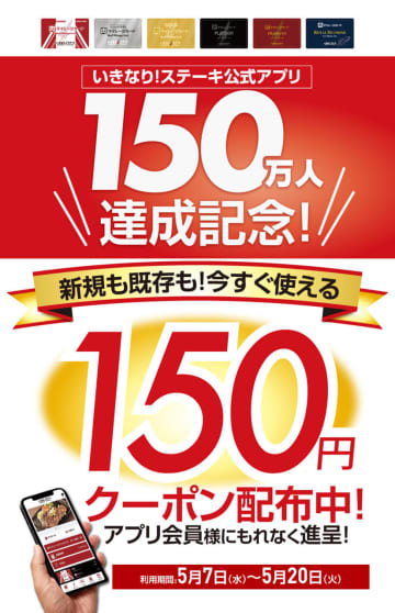 いきなり！ステーキ、公式アプリ会員に150円引きクーポン配布。アプリ会員150万人達成記念