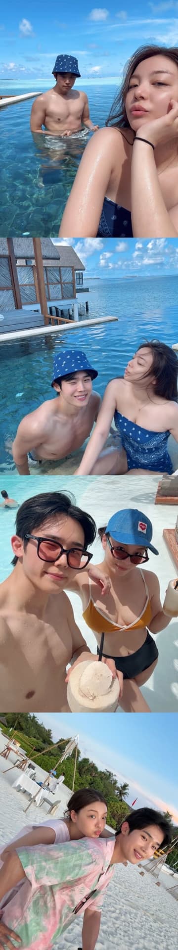 “密着スイムウェア”姿に視線釘付け！3歳下元俳優と結婚した韓国歌手、ハネムーン写真公開【PHOTO】
