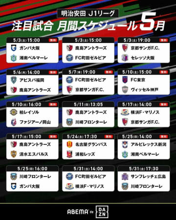 「ABEMA de DAZN」が2025明治安田J1リーグの5月の無料試合を公開
