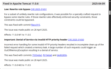 「Apache Tomcat」に2件の脆弱性 ～サービス拒否（DoS）などの恐れ／最大深刻度はHigh、最新版で修正済み