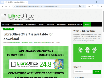 「LibreOffice 24.8.7 Community」が公開 ～「LibreOffice 24.8」系の最終リリース／「LibreOffice 25.2」シリーズへの移行を