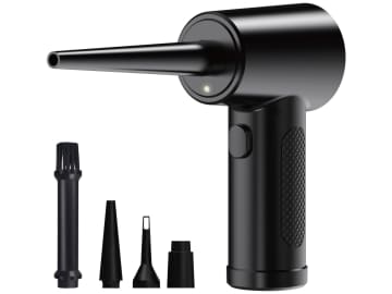 カメラ清掃向けのノズルが付属する電動エアダスター　ピンポイントでの噴射が可能