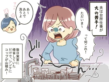 妻が不在中も、夫は皿洗いせず、シンクに放置。「こうなったら、、、」里帰り出産する妻が考えた『作戦』は