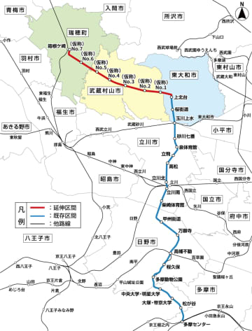 多摩モノレール 上北台～箱根ケ崎の延伸、2030年代半ば開業に向けて特許を取得。7駅を新設、整備は東京都と連携