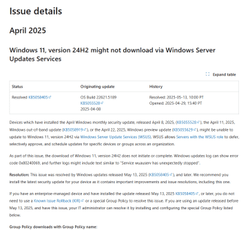 「WSUS」経由で「Windows 11 バージョン 24H2」へ更新できない問題は解決／2025年5月のセキュリティ更新プログラム「KB5058405」で