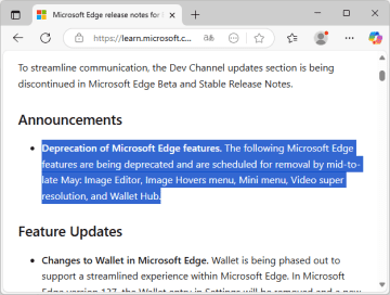 「Microsoft Edge」で選択テキストのミニメニューなどが非推奨に、画像・映像関連機能も縮小／5月中旬から下旬にかけて削除へ