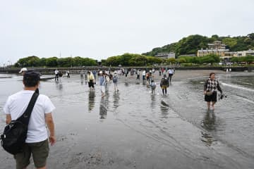 江の島　普段は通れない「海の道」歩く　新階段も整備、「トンボロ」始まる