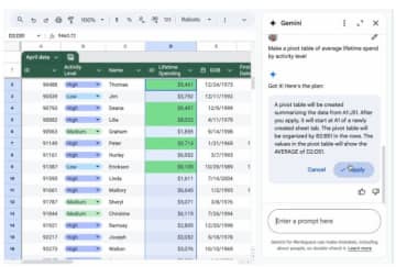 Gemini「表計算は任せろー」。Googleスプレッドシートを自然言語で操作可能に