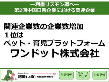 「第2回中国日系企業の関連企業数」調査レポートを発表　　 ～関連企業の増加数1位はペット・育児プラットフォームを展開するワンドット～