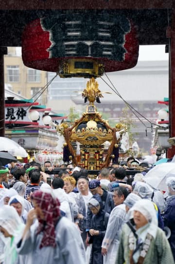 雨のみこし、見物客を魅了　東京・浅草、三社祭の中日