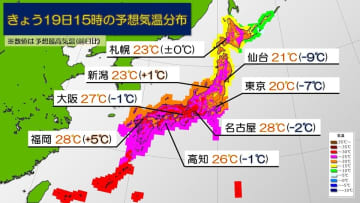 関東は前日より気温ダウン　西日本では真夏日に迫る所も