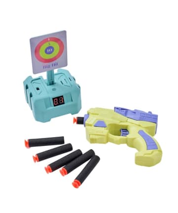 3COINSより「シューティングガン&ターゲットセット」が登場！ 銃声や歓声の効果音で雰囲気をリアルに演出柔らかいスポンジ弾を採用したトイガンとターゲットのセット