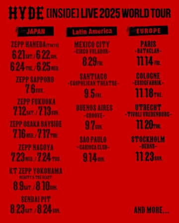 HYDE、ワールド・ツアーの海外追加公演発表 ソロでは初のヨーロッパ公演
