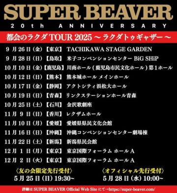 SUPER BEAVER、12都市13公演のホール・ツアー開催決定 20周年アニバーサリーライヴとしては第6弾