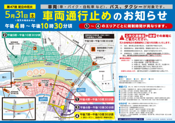 5月31日「足立の花火」で交通規制。荒川両岸は22時30分ごろまで通行止め、首都高千住新橋出入口も閉鎖