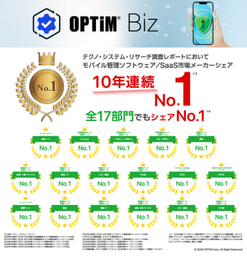 MDM・PC管理サービス「OPTiM Biz(Optimal Biz)」、テクノ・システム・リサーチの調査レポートにて、10年連続シェアNo.1を獲得　同レポートの25部門中17部門においてもシェアNo.1の評価
