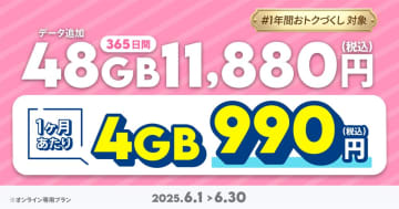 povo、期間限定の1年間トッピング　「48GB（365日間）」と「1.2TB（365日間）」
