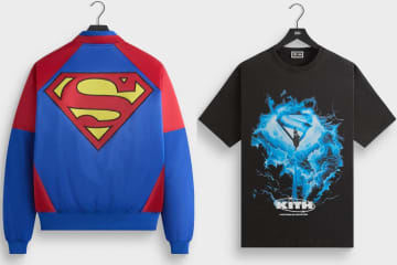 Kith「スーパーマン」着想ウェア、Sシールド付きブルゾン＆ヒーロープリントTシャツ