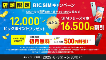 BIC SIMの店頭申込で最大1万6500円分の特典　抽選で家電プレゼントも