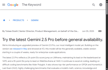 「Gemini 2.5 Pro」がさらに賢く ～数週間以内に安定版として一般提供開始へ／LLMの比較サイトLMArenaやWebDev Arenaでトップの成績