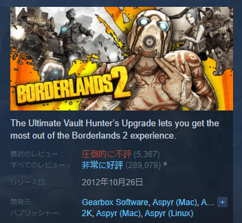 無料配布中の『ボーダーランズ2』レビュー荒らし発生でSteamレビュー「圧倒的に不評」。プレイヤーは利用規約に不満