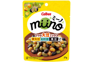 カルビー「miino3つの大豆ミックス 黄大豆えだ豆黒豆 しお味」発売。手軽にたんぱく質＆食物繊維を摂取。ロカボプラス認証取得
