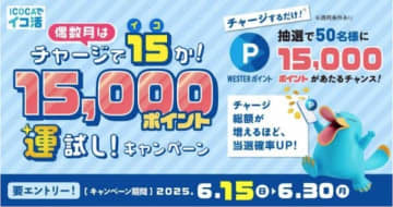 抽選で15,000Pプレゼント！JR西、“チャージで15(イコ)か”運試しキャンペーン