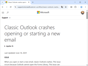 クラシック版「Outlook」アプリでメールを開くとクラッシュする不具合が発生中／Microsofが調査中、回避策を案内