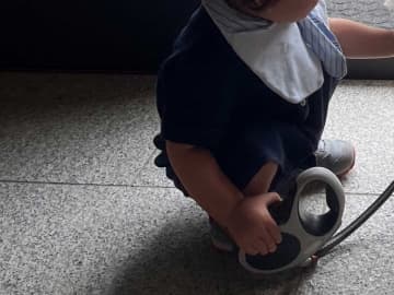 １歳息子がリードの持ち手を掴むと？　犬の反応がかわいい！